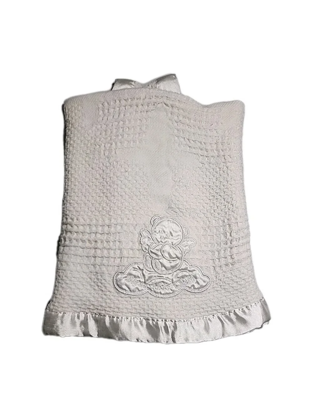VTG Bless This‎ Child Angel Bear Baby Blanket White Woven Silky Edge Satin Trim